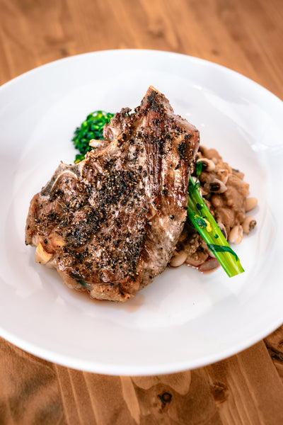 Lamb Shoulder Chops with Black Eyed Peas  Broccoli Rabé and Balsamic Vinegar